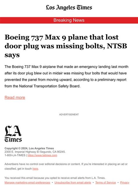 Los Angeles Times: Boeing 737 Max 9 plane that lost door plug was ...