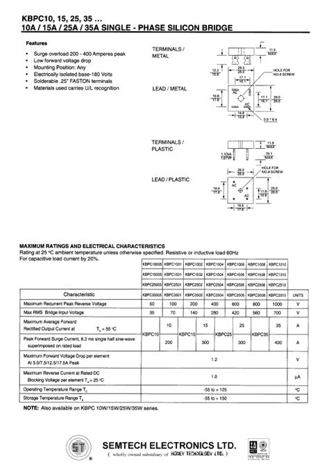 KBPC1008 Datasheet PDF 10A 15A 25A 35A SINGLE PHASE SILICON BRIDGE