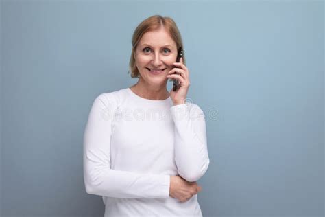 Cute Blonde Middle Aged Woman Chatting On The Phone Stock Image Image Of Person Showing
