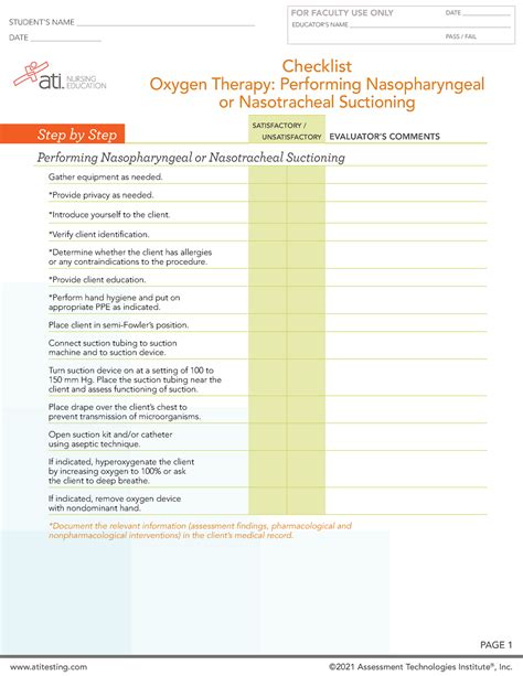 Ati Performing Nasopharyngeal Or Nasotracheal Suctioning Checklist