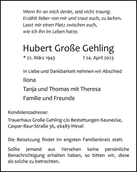 Traueranzeigen Von Hubert Gro E Gehling Sich Erinnern De