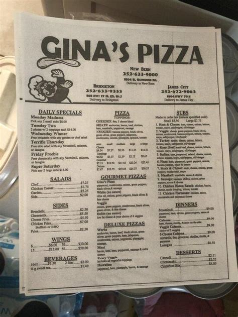 Menu At Gina S Pizza Pizzeria New Bern 505 D St