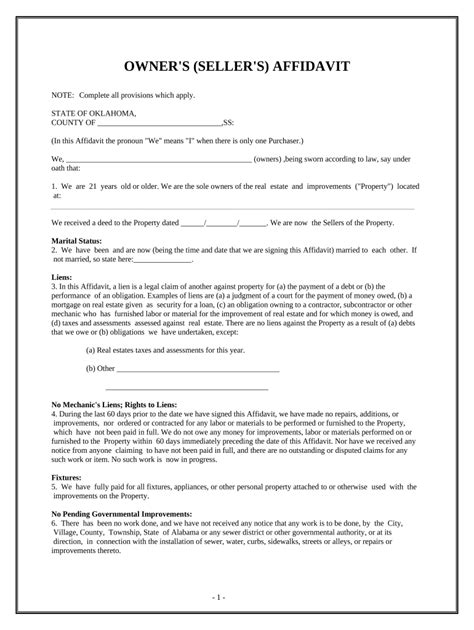 Owners Or Sellers Affidavit Of No Liens Oklahoma Form Fill Out And Sign Printable Pdf