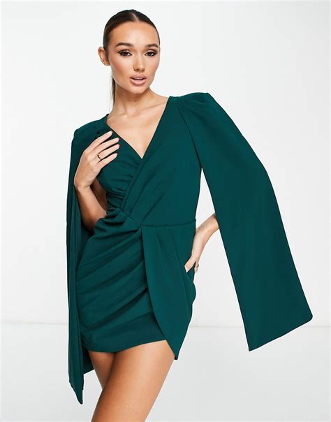 Lavish Alice Pleated Cape Sleeve Bodycon Mini Dress In Green Modesens