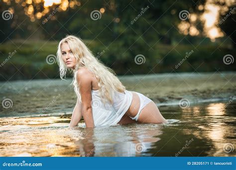 Blonde Woman In Lingerie In A River Water Stock Image Image Of Gorgeous Pants 28205171