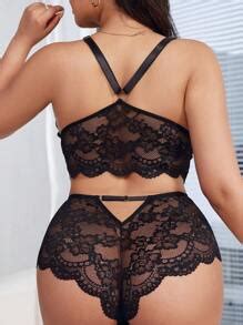 Pcs Lace Spliced Plus Size Bra And Panty Set Wireless Sexy Lingerie Shein Usa