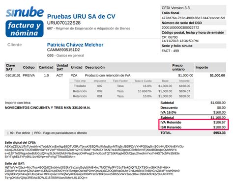 Factura con retención de IVA e ISR sinube