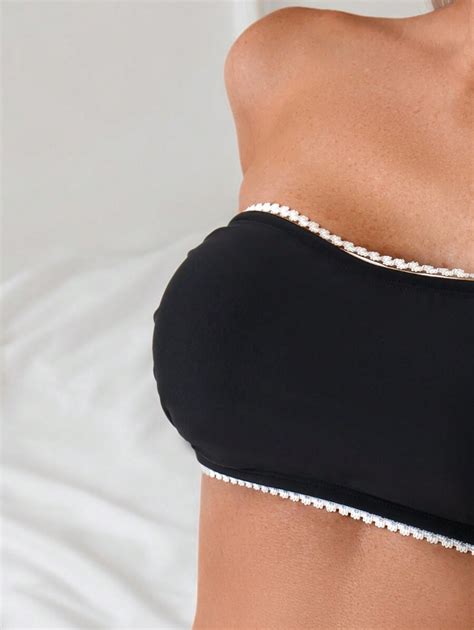 Shein Swim Women S Contrast Trim Strapless Black Sexy Bandeau Top Bottom Bikini Set For Summer