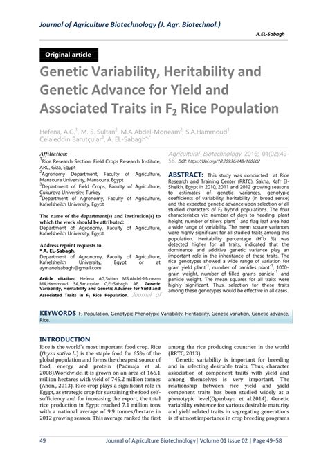 PDF Genetic Variability Heritability And Genetic Advance For Yield