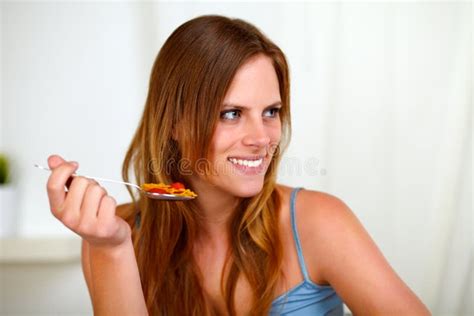 Pretty Blonde Woman Eating Healthy Meal Stock Image Image Of Attractive Cute
