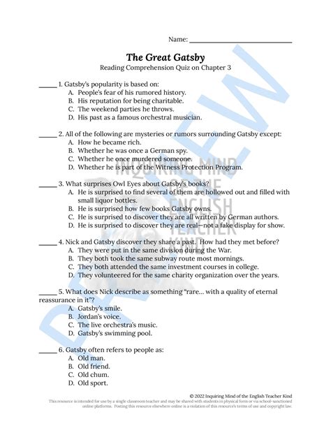 The Great Gatsby Quiz And Answer Key Bundle For High School Inquiring