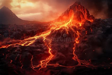 Molten Lava Flowing From Volcano Crater With Ash And Smoke Stock Image