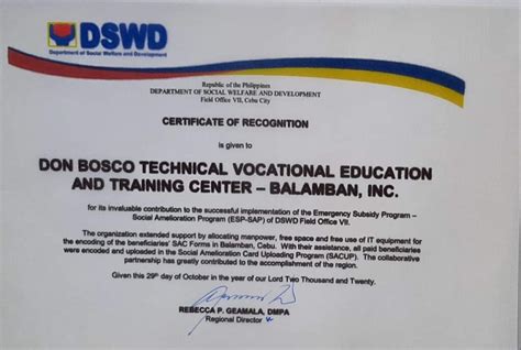 Dswd Certificate Of Recognition Don Bosco Tvet Balamban