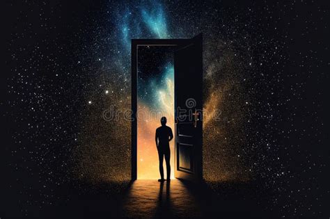 Human Silhouette Standing In Front Of Open Door And Looking Into Space