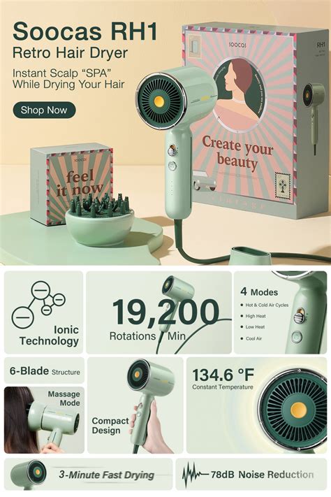 Xiaomi Soocas RH1 Ionic Retro Electric Hair Dryer With Scalp Massager ...