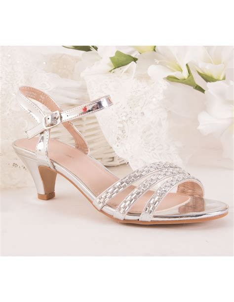 Sandales Mariage Femme Argent Bride Strass Perles Petit Talon Cm