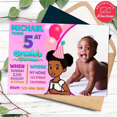 Gracie S Corner Birthday Invitation With Photo Customizable DIY Wowtemp