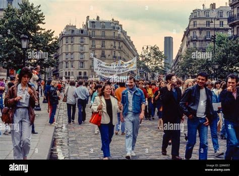 Paris France Crowd Scene LGBT Fierté Gay Pride March on Street Saint Germain des Prés