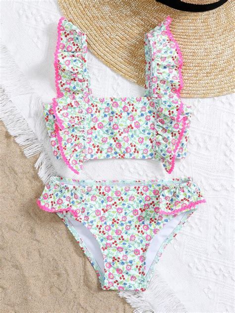 Niñas Bañador bikini floral al azar con estampado ribete con fruncido Moda de Mujer SHEIN México