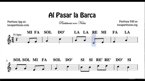 Al Pasar la Barca Partitura Fácil con Notas de Flauta Violín Oboe ...