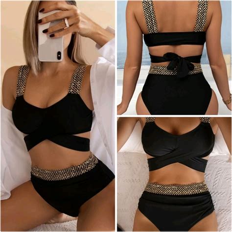 Bộ đồ bơi bikini hai mảnh eo cao màu trơn gợi cảm cho phụ nữ Kích