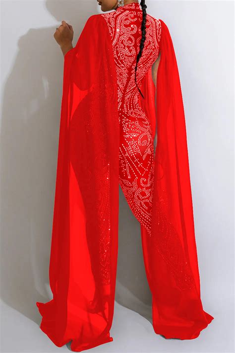 Wholesale Apricot Sexy Patchwork Hot Drilling See Through Half A Turtleneck Skinny Jumpsuits