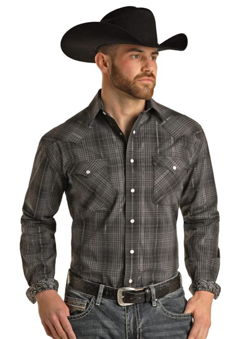 Rough Stock Mens Pocket Plaid Snap Western Shirt Bony Pony