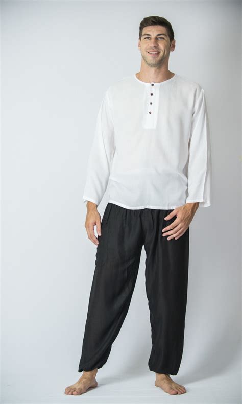 Mens Yoga Shirts No Collar with Coconut Buttons In White | Sure Design