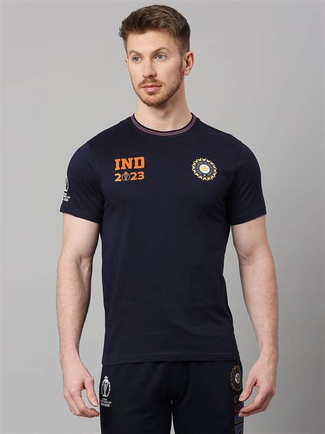 Buy Official Icc Cwc Men Navy Blue Solid Short Sleeves Round Neck T