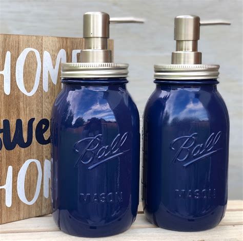 Lotion And Soap Dispenser Mason Jar Set Navy Blue Etsy