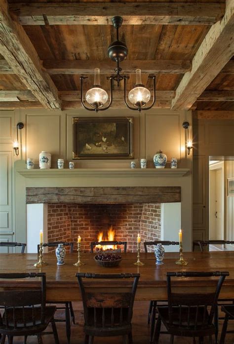 Comfortable Old Fashioned Dining Room With Custom Fireplace Colonial