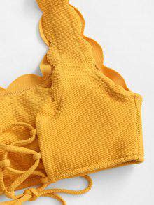 ZAFUL Scalloped Textured High Waisted Bikini Set In GOLDEN BROWN