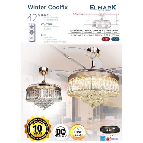 Elmark Dc Motor Chandeliar Ceiling Fan Crystal Fan Colour Led