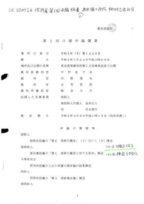 Sk 230724 控訴審第1回弁論調書 島田謙二訴訟 中村也寸志裁判官 内野俊夫裁判官 元芳哲郎裁判官 A V3vk0o6 令和5年（ネ）第1420号