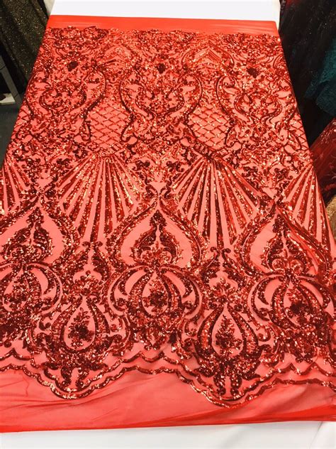 Red Shiny Sequin Damask Design Embroidery On A Way Stretch Mesh