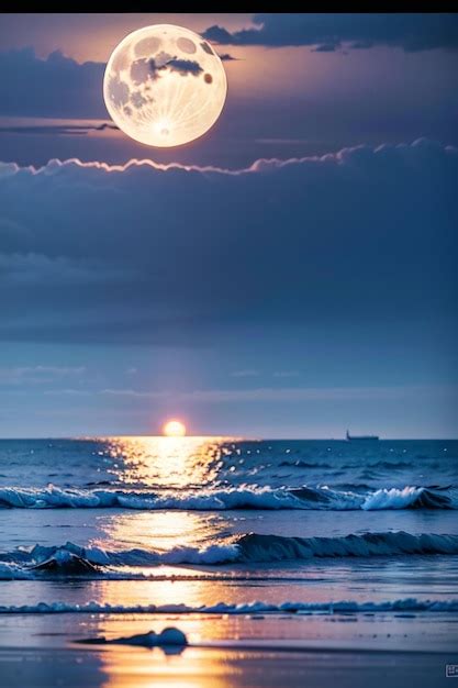 Luna llena sobre el océano con un barco al fondo Foto Premium