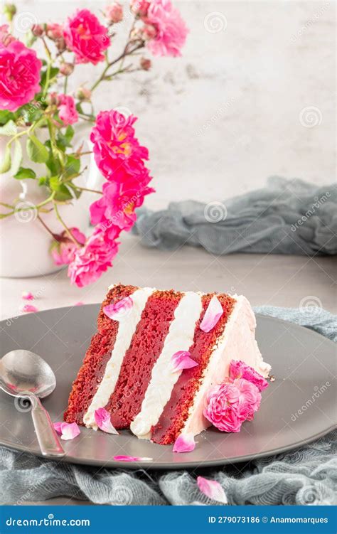 Red Velvet Naked Cake With Fresh Roses And Swiss Buttercream On Kitchen