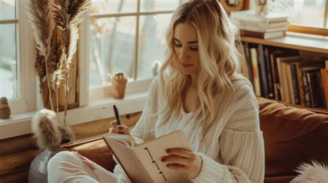 A Blonde Woman Journaling In A Cozy Space Reflecting On Her Personal Growth And Selflove Journey
