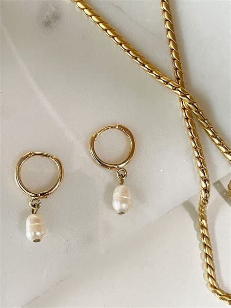 Pearl Gold Huggies Freshwater Pearl Dainty Gold Hoops Cute Etsy