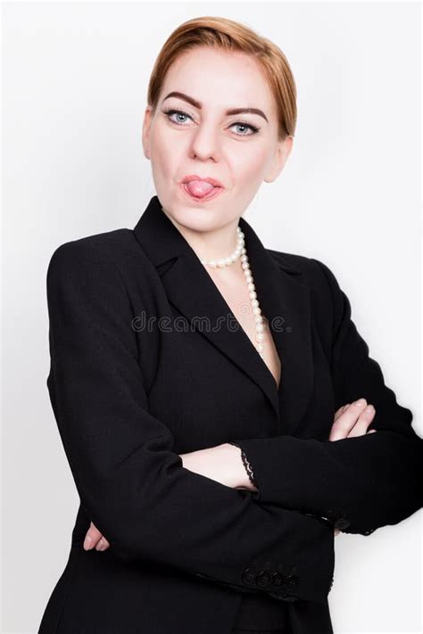 Attractive And Energetic Business Woma In A Suit On Naked Body Showing