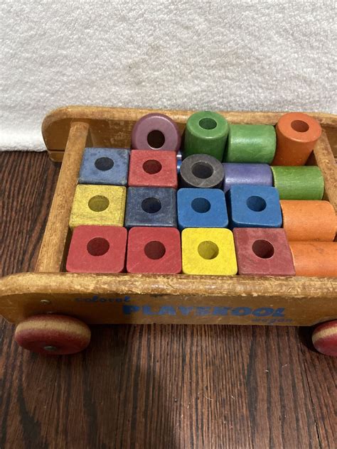 Vintage Colorol 1960s Playskool Wood Wagon Pull Toy With Wood Blocks