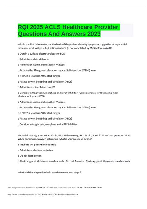 RQI 2025 ACLS Healthcare Provider Questions And Answers 2023 - ACLS