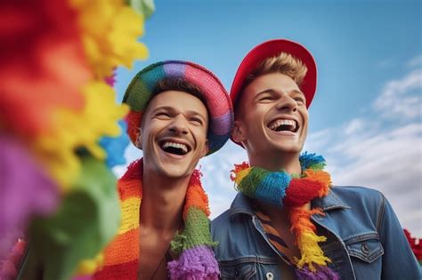 Una Hermosa Pareja Gay Feliz Con Los Colores Del Arco Iris En Un Campo De Flores Fondo De