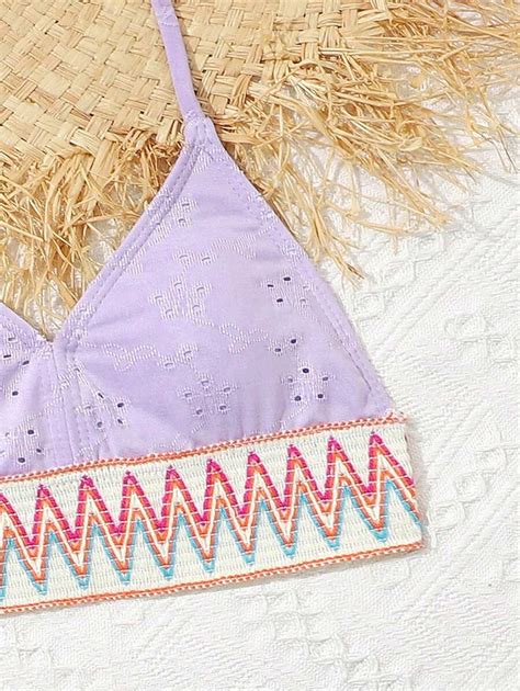 Tween Girl Hollow Out Embroidery Geometric Splice Design Halter Bikini Set With Strap Pcs