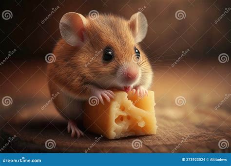 Cute Mouse Nibbling On Wedge Of Cheese With Its Tiny Paws And Whiskers