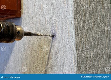 A Drill Drills A Hole In The Wall Stock Image Image Of Industry