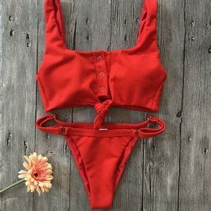 Swim Red Ribbed Buttoned Front Tie Knot Bikini Set Poshmark