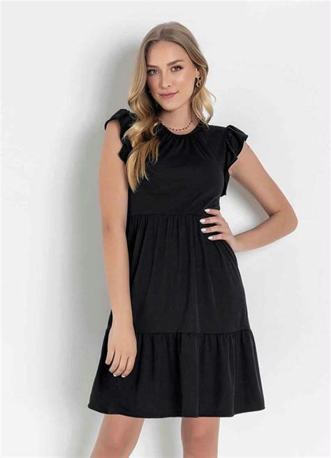 Vestido Preto Manga Em Babado Moda Pop