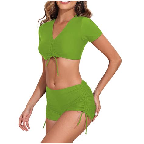 Savings UTSJKR Women S Tie Front Bikini Set Short Sleeve Piece Swimsuit High Waist Bathing