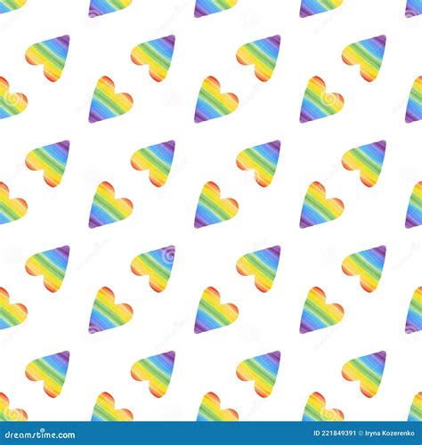 Watercolor Rainbow Heart Seamless Pattern Isolated On White Background Hand Painting Gay Pride